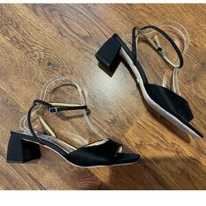 Badgley Mischka Infinity Embellished Mid Block Heel Sandals Black Satin Sz 9.5